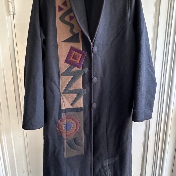 Vintage 80s Beppa Wool Folk Art Applique Trench Coat - Picture 5 of 7